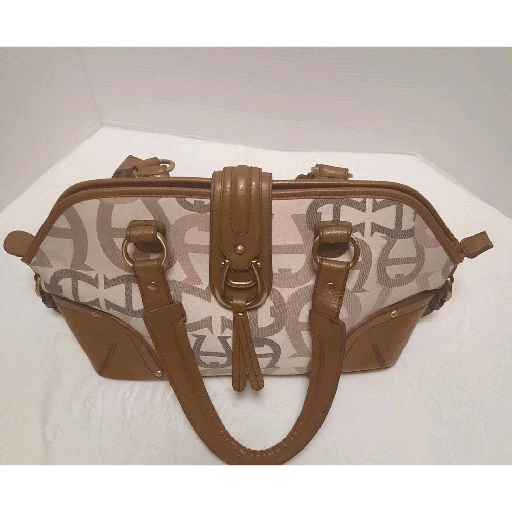 Etienne Aigner Signature Canvas Leather Satchel Shoulder Bag Brown Tan Monogram